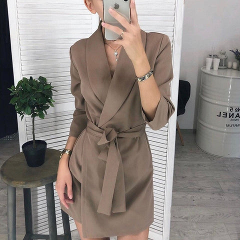 Image of Women Vintage Sashes A-line Party Mini Dress Long Sleeve Notched Collar Solid Casual Elegant Dress 2019 Winter New Fashion Dress