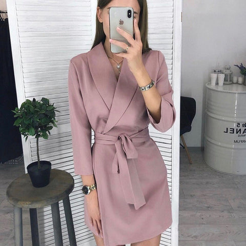 Image of Women Vintage Sashes A-line Party Mini Dress Long Sleeve Notched Collar Solid Casual Elegant Dress 2019 Winter New Fashion Dress